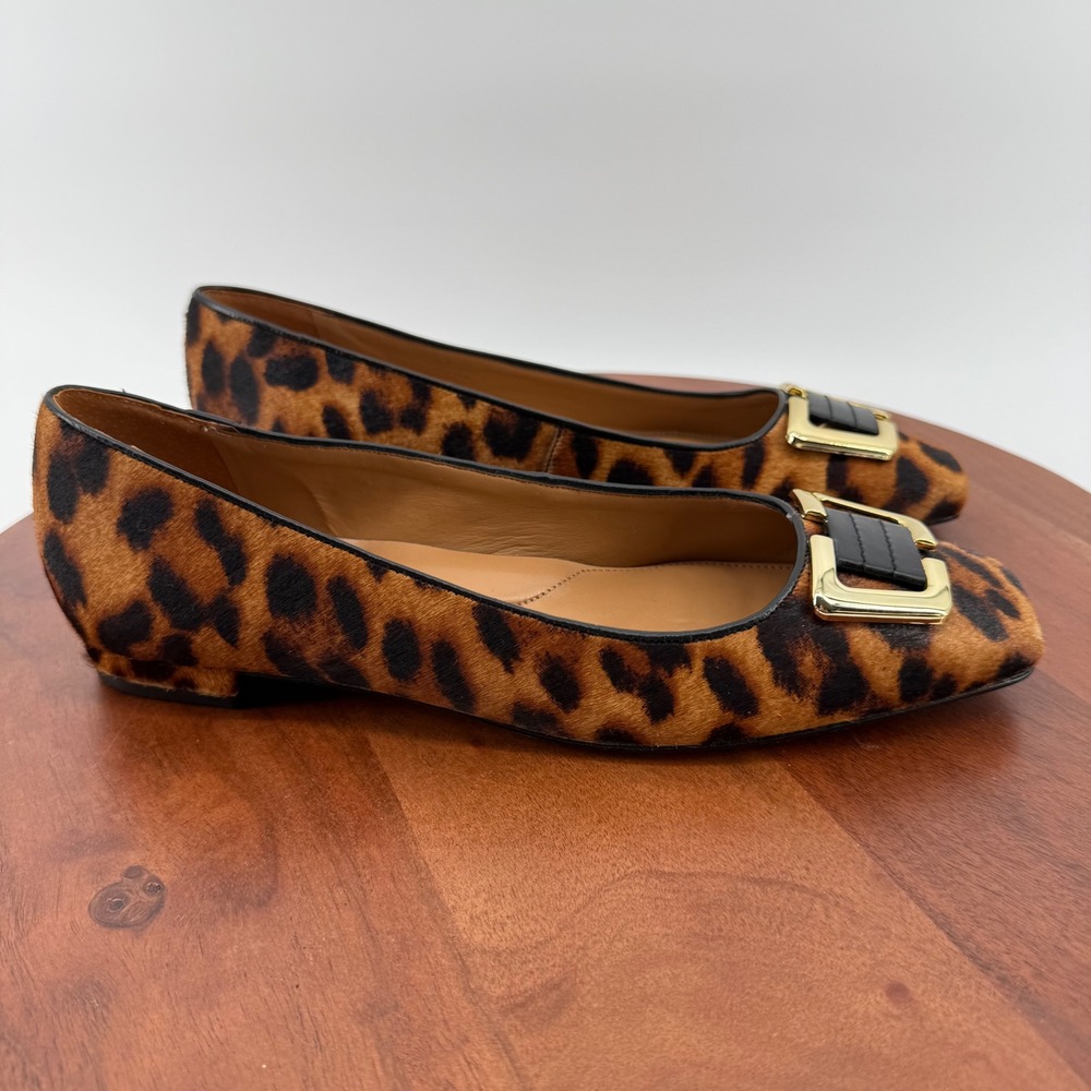 Talbots Leather Flats Leopard Calf Hair Gold Buckle Square Toe Brazil Women 10.5